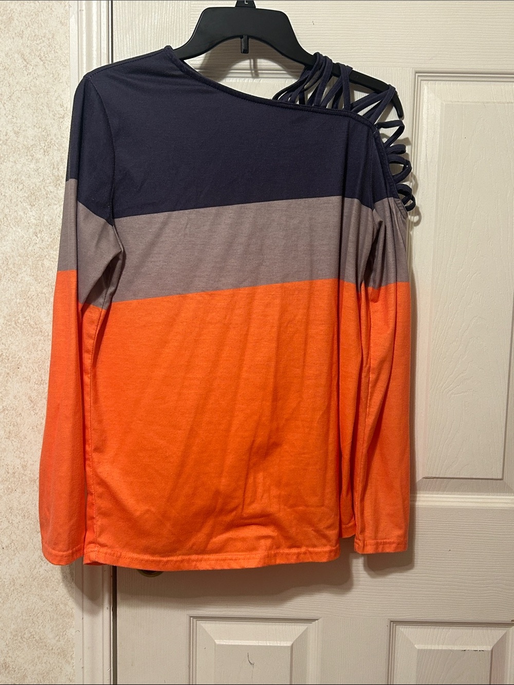 SHEIN Womens Colorblock Long Sleeve Top with Ladder Shoulder - Orange/Gray/Navy